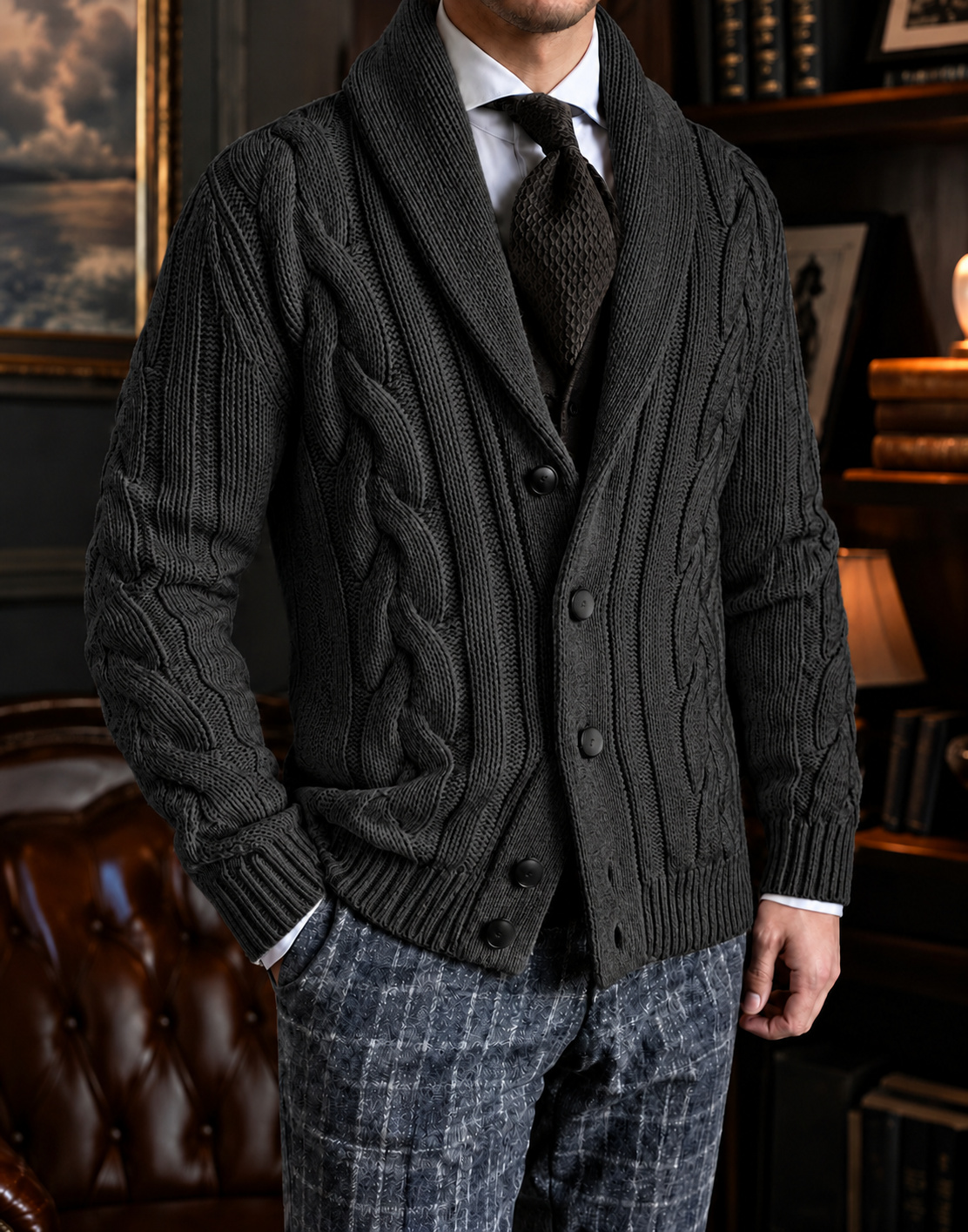 Dark Gray shawl-collar cable-knit cardigan