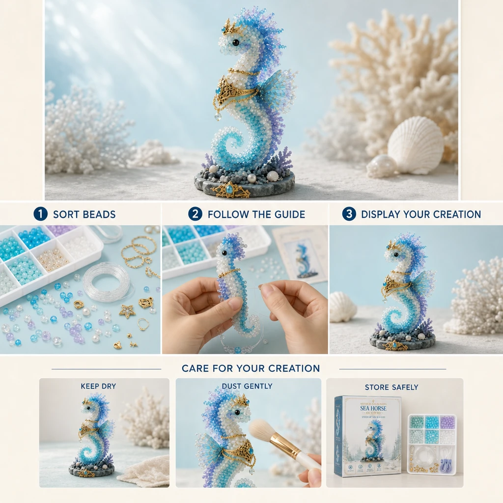 Sea horse bead kit making and display process with sorted beads, clear thread and finished sculpture