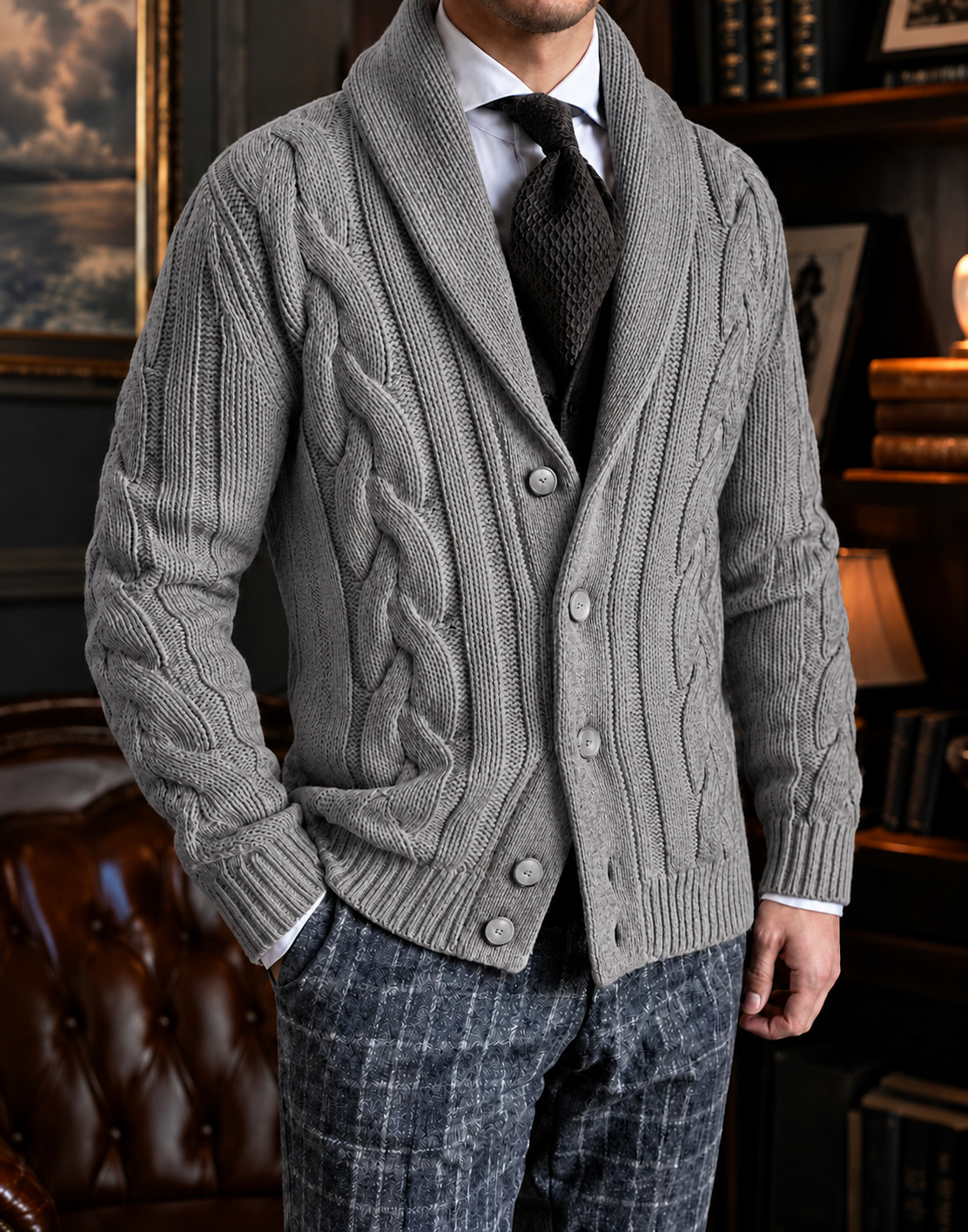 Light Gray shawl-collar cable-knit cardigan