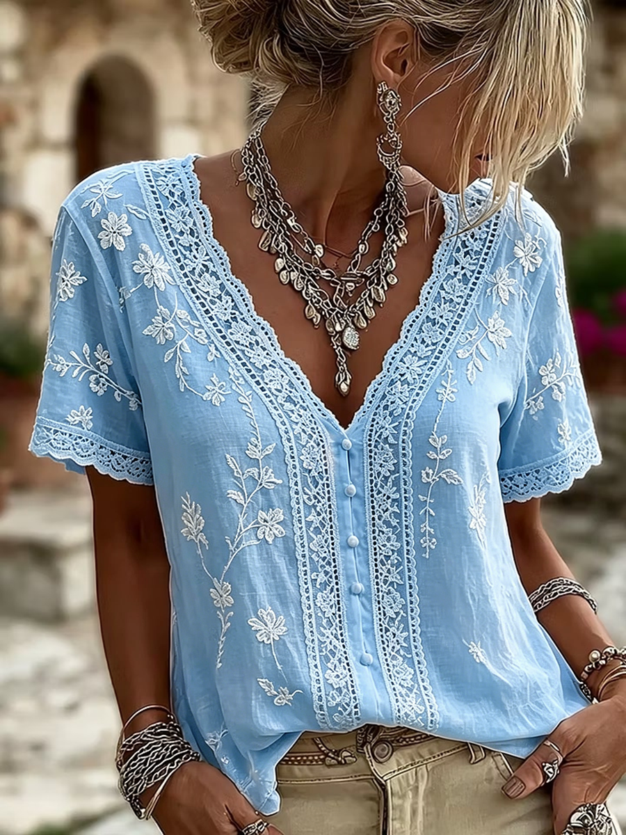 Women's White Floral Lace Art Cotton Linen V-Neck Short Sleeved Top