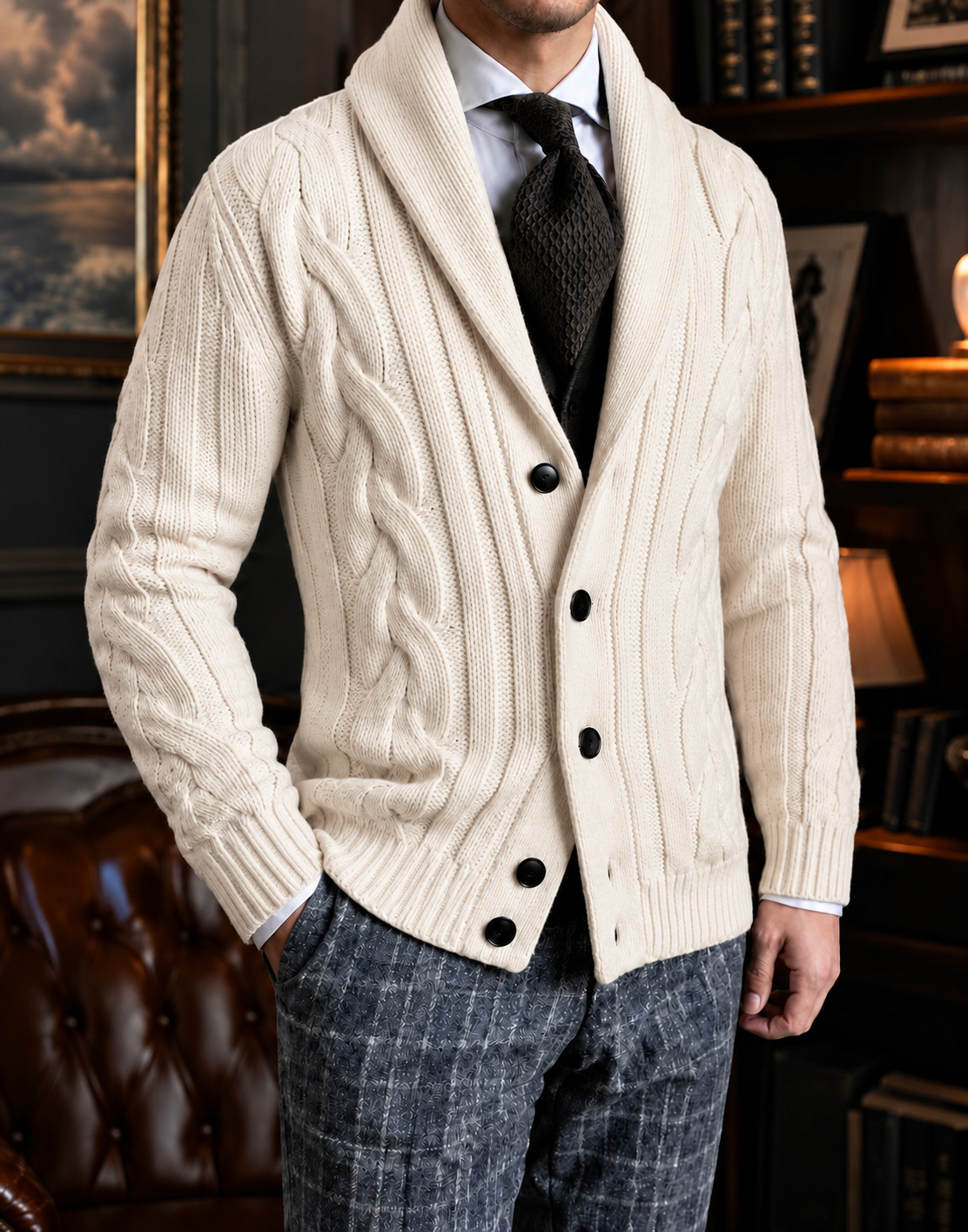 Apricot shawl-collar cable-knit cardigan