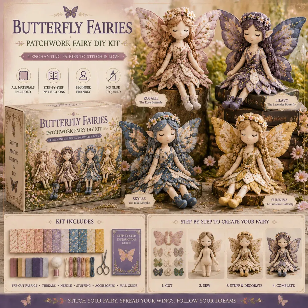 Butterfly Fairies patchwork fairy DIY kit with four butterfly fabric fairies, box, materials and step-by-step guide