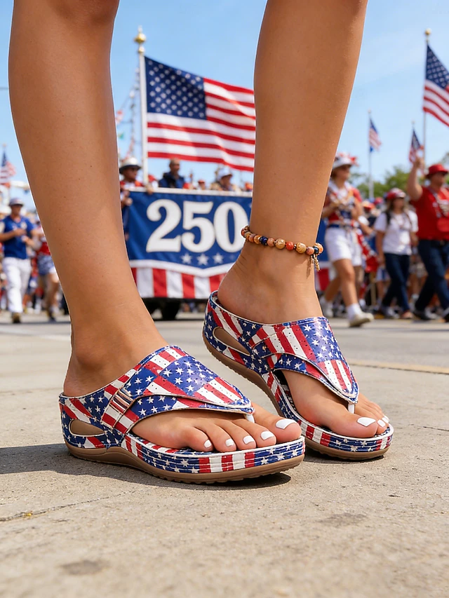  Women's Red Blue Patriotic USA Flag Wedge Sandals – Comfortable Cushioned Summer Shoes for Parades, Festivals, Walking, United States Anniversary & Everyday Casual