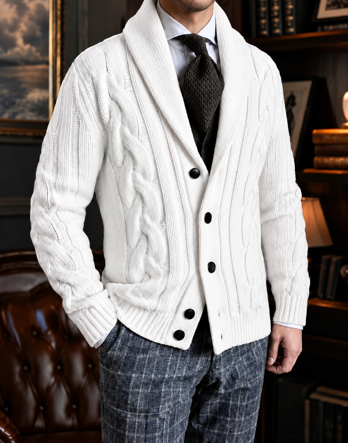 Men's Shawl-Collar Cable-Knit Button Cardigan
