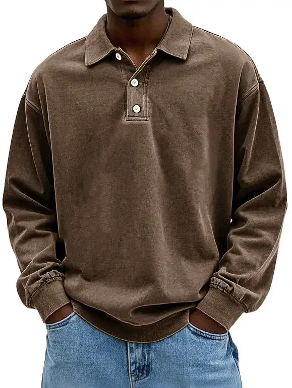 Clearance sale 70% off - Men's Fashion Retro Washed Distressed Cotton Lapel Long Sleeve Polo Shirt