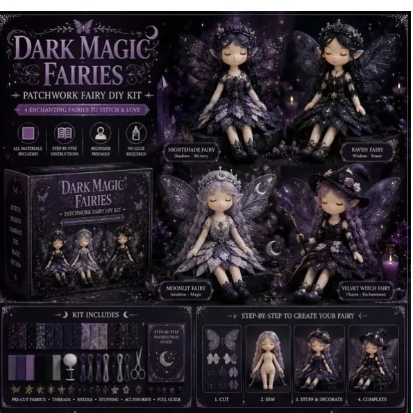 Dark Magic Fairies patchwork fairy DIY kit with four dark fantasy fabric fairies, box, materials and step-by-step guide