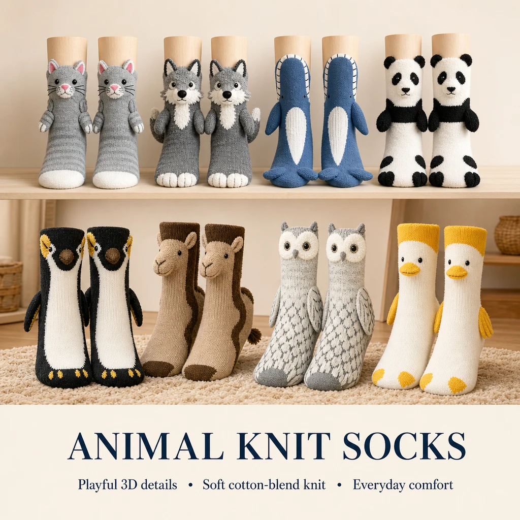 Eight selected Boffmaw animal knit sock options arranged as an editorial collection board