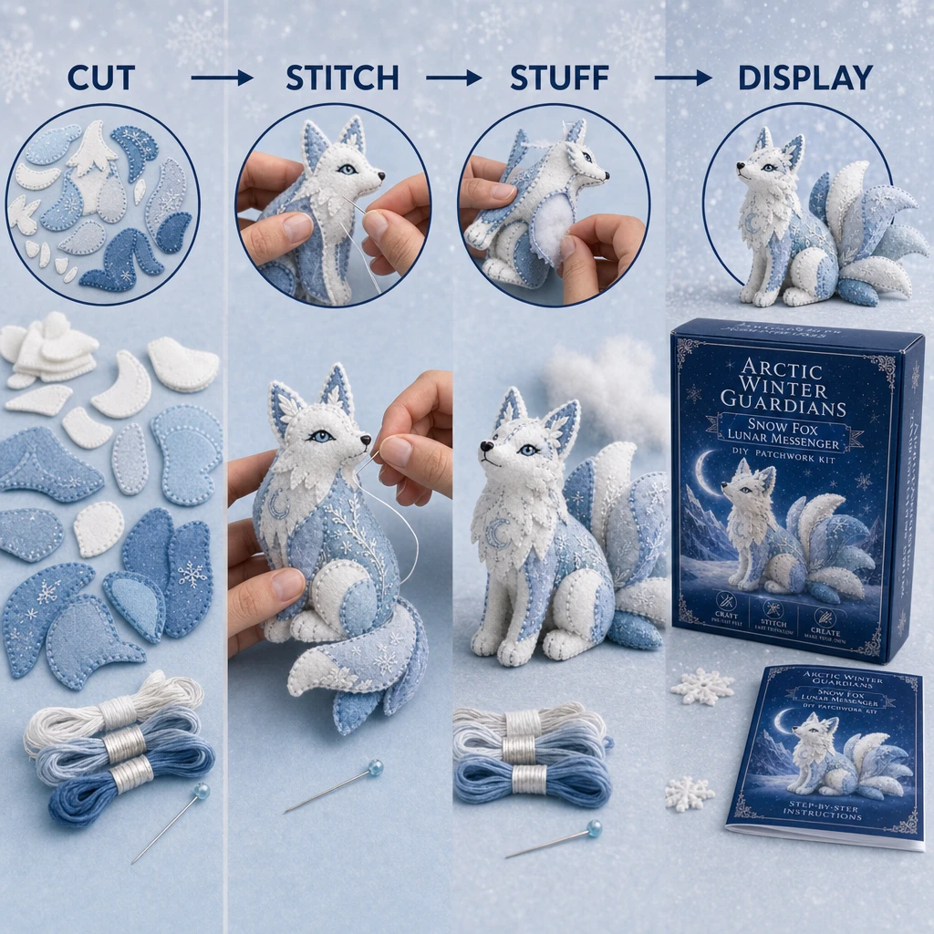 Arctic Winter Guardians DIY patchwork process from cutting and stitching to stuffing and display