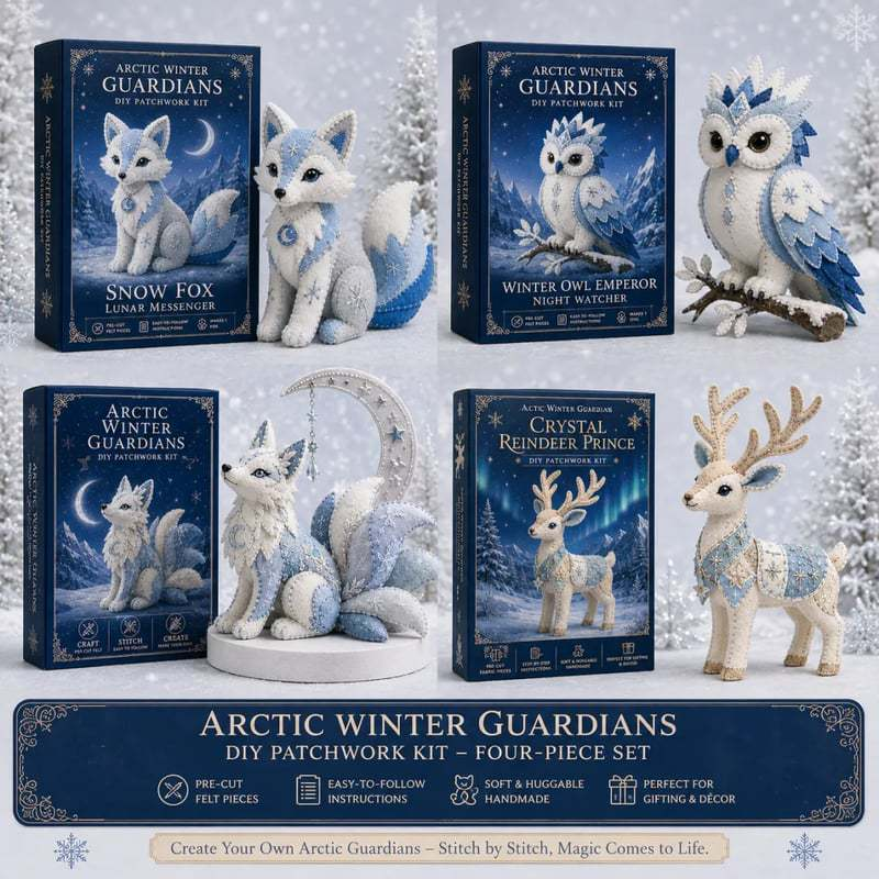 Arctic Winter Guardians four-piece set with Snow Fox, Winter Owl Emperor, Crystal Reindeer Prince and a moonlit fox guardian