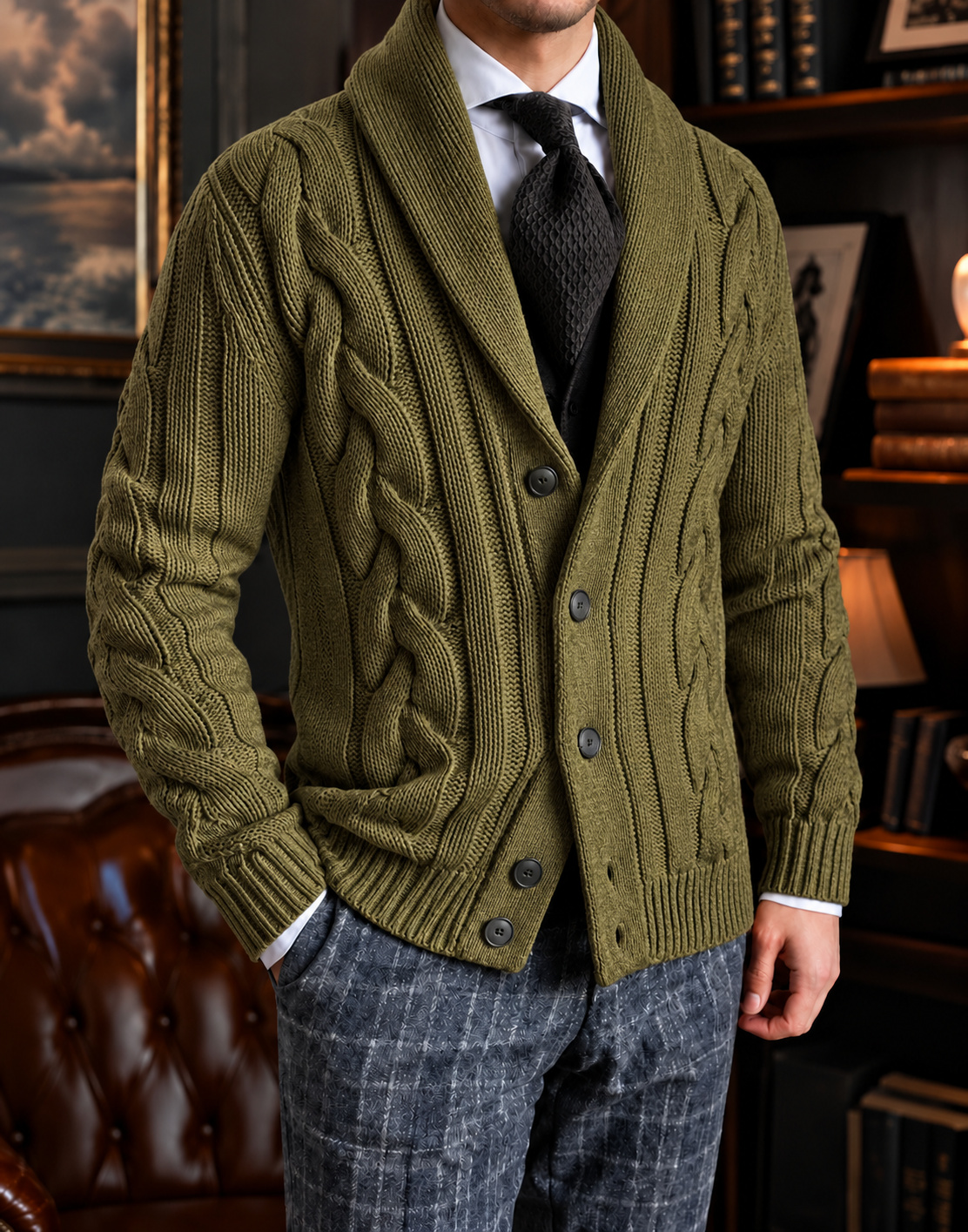 Olive Green shawl-collar cable-knit cardigan