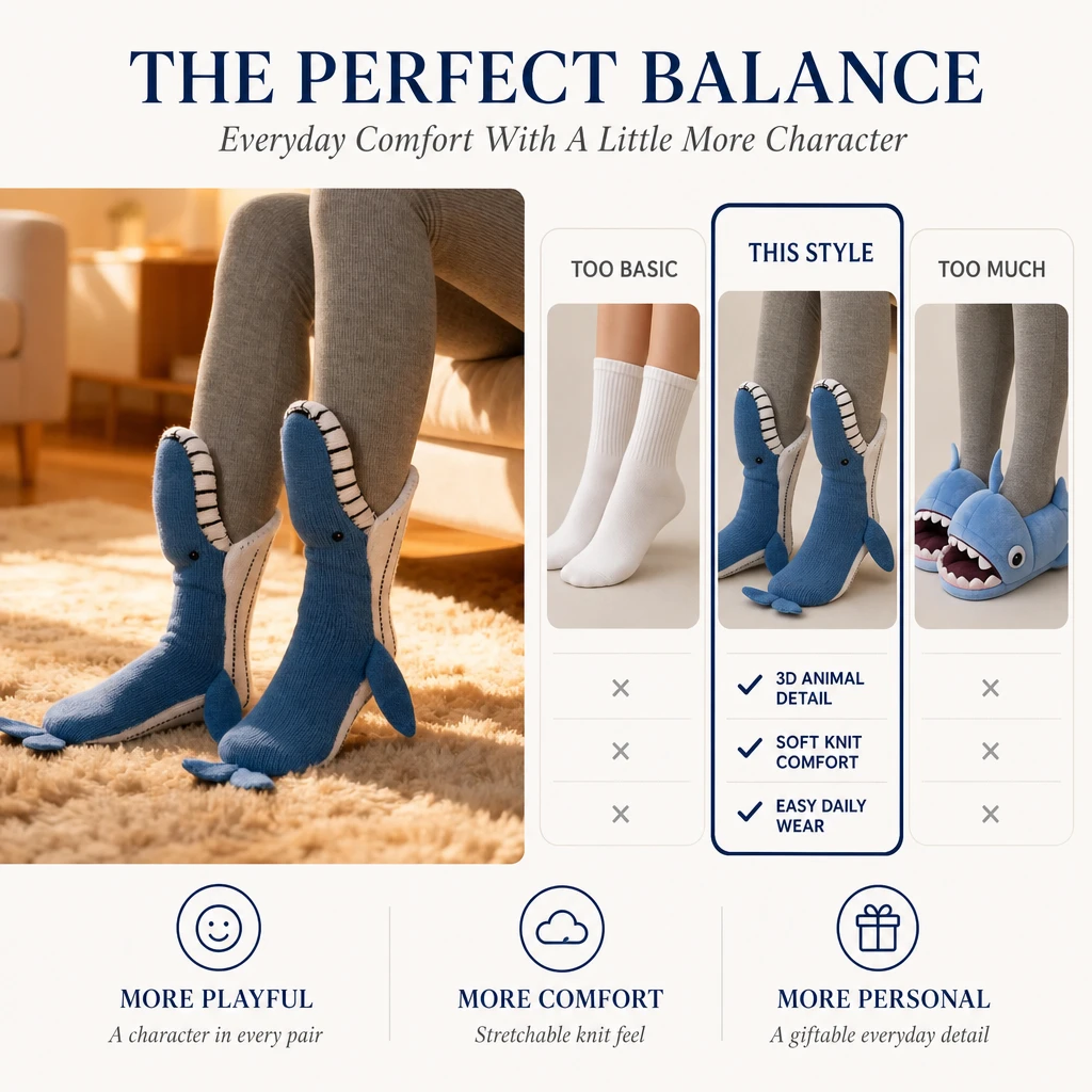 Comparison graphic showing plain socks, the 3D animal knit sock style, and an oversized novelty slipper