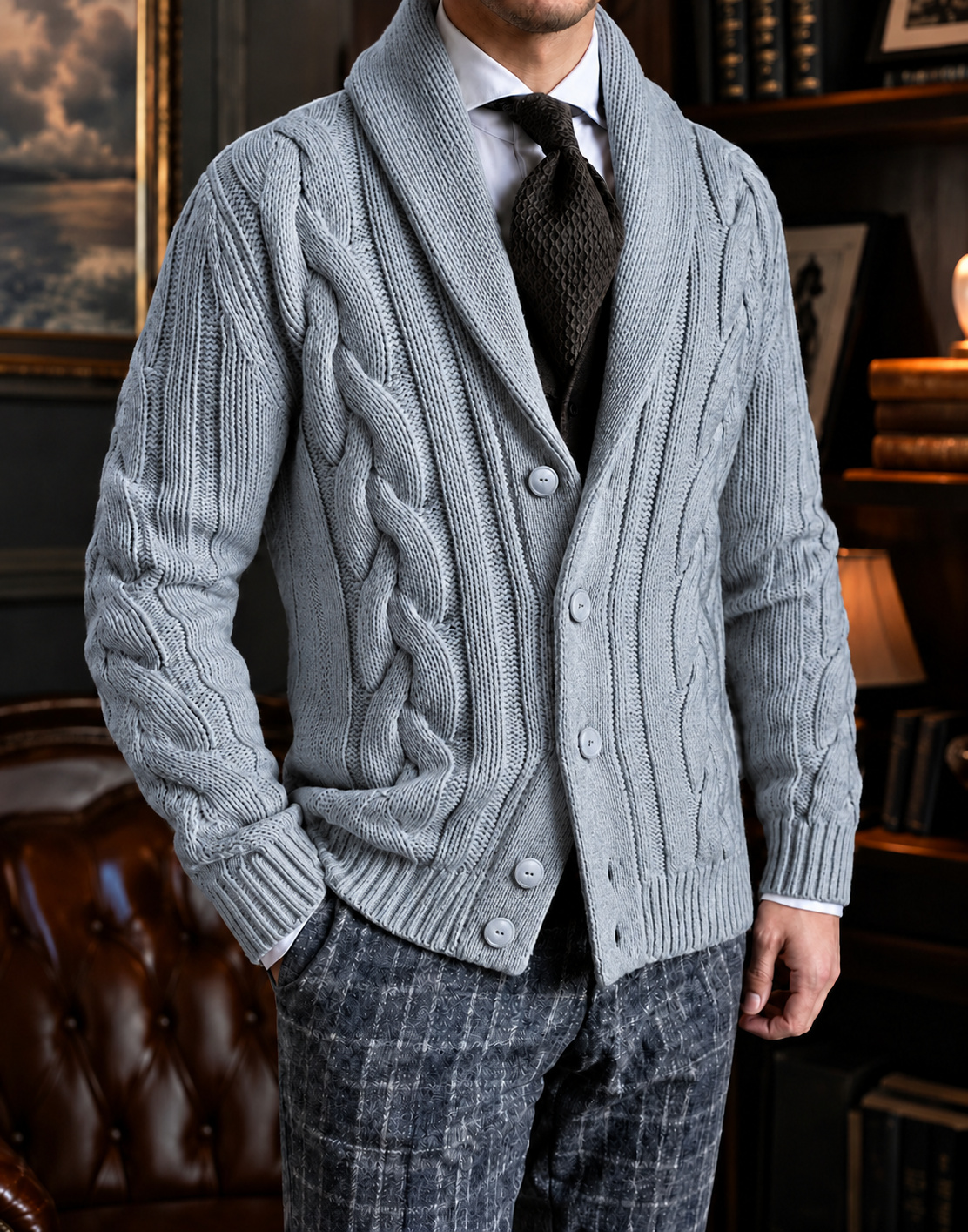 Light Blue shawl-collar cable-knit cardigan