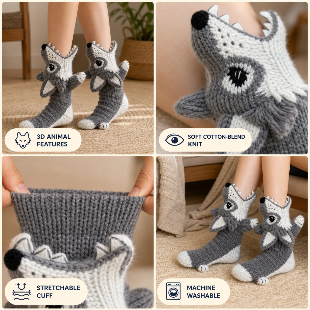 Four-panel detail collage showing Gray Wolf 3D features, knit texture, stretchable cuff, and machine washable care