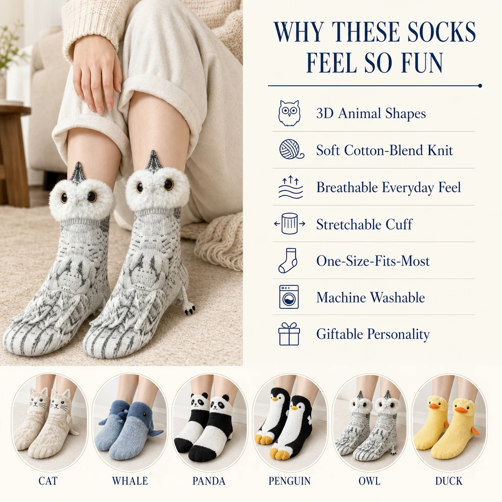 Reasons graphic showing Owl socks, seven product features, and circular details of Cat, Whale, Panda, Penguin, Owl, and Duck options