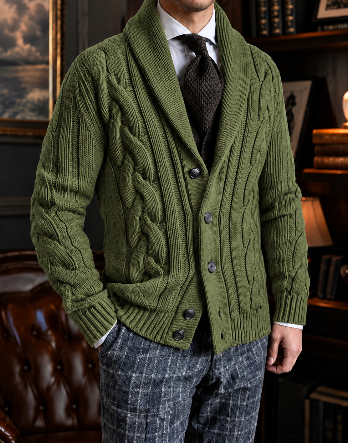 Army Green shawl-collar cable-knit cardigan