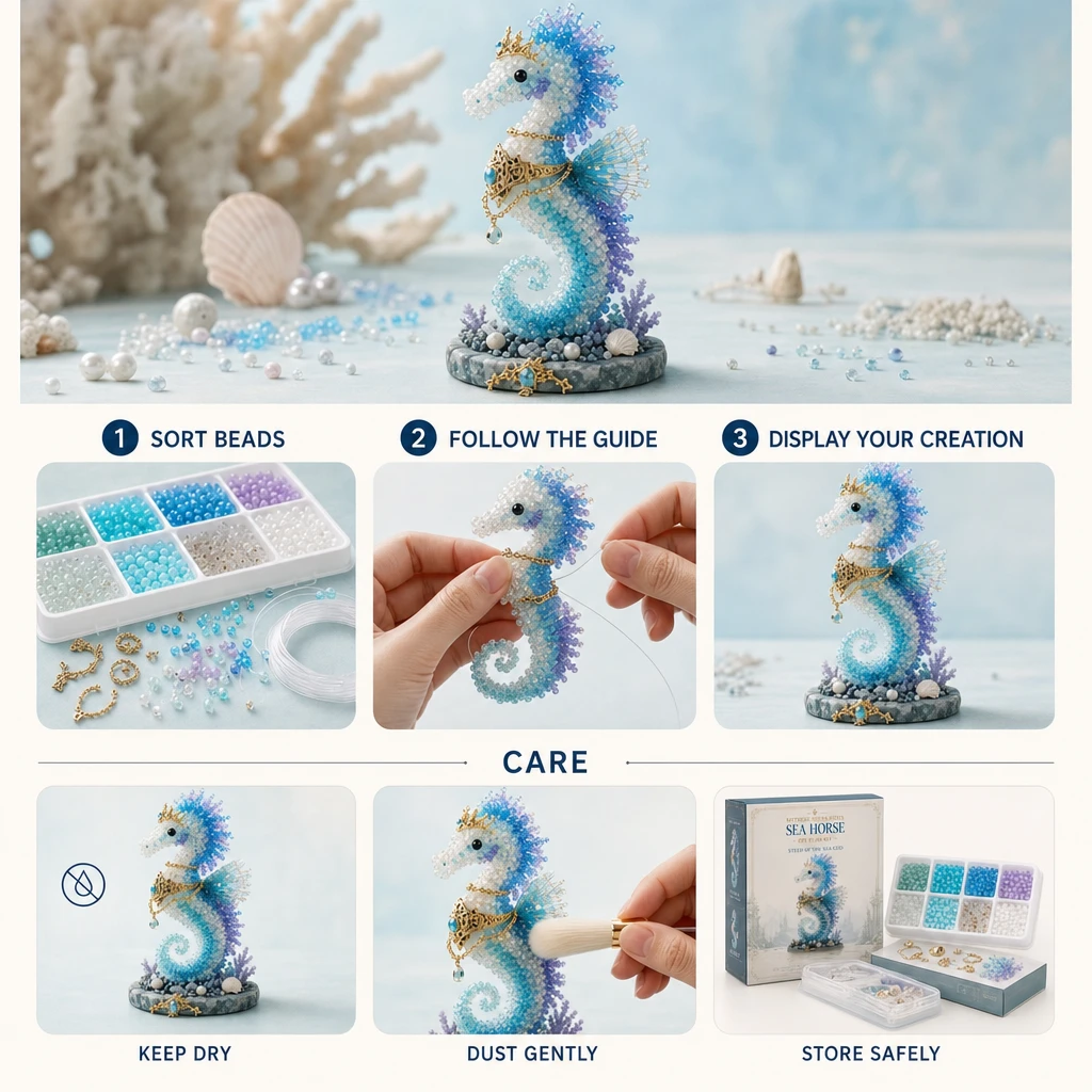 Mythical Ocean bead kit materials, instruction guide, organizer and completed sea horse sculpture