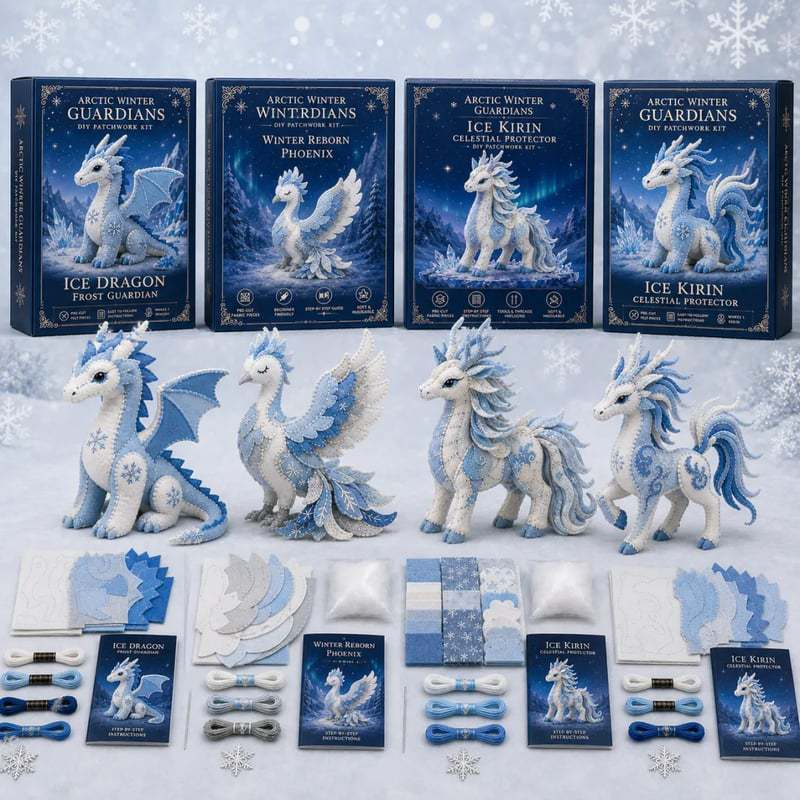 Arctic Winter Guardians four-piece set with Ice Dragon, Winter Reborn Phoenix and two Ice Kirin designs