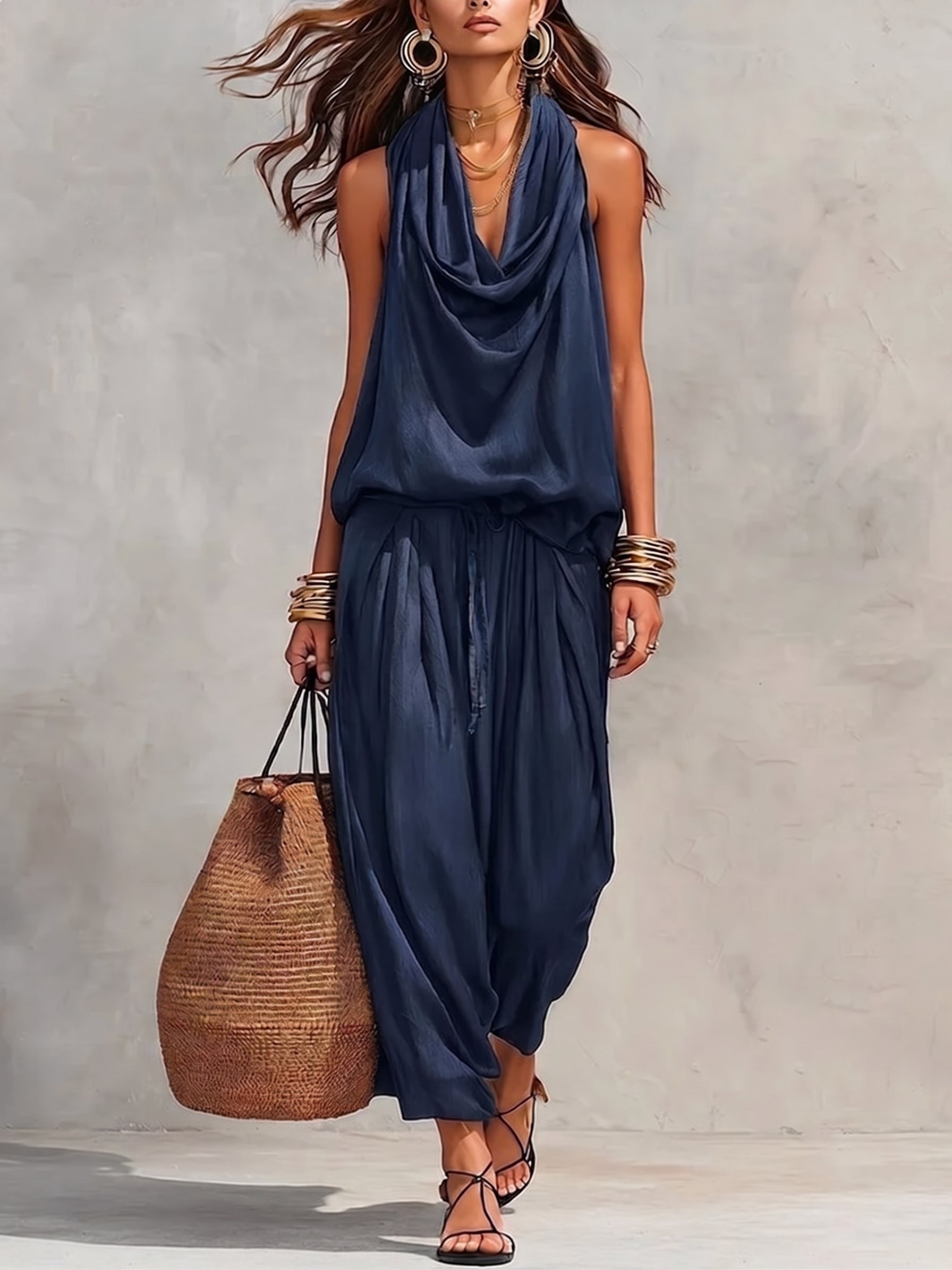 Women's Casual Halter-neck Wide-leg Jumpsuit With Cowl Neck