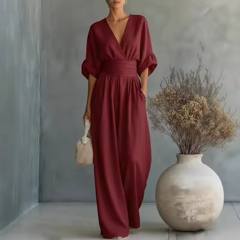 DEEP V-NECK LONG JUMPSUIT WITH 3/4 SLEEVES