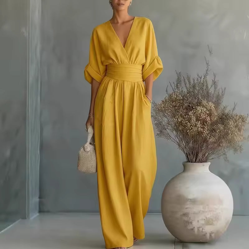 DEEP V-NECK LONG JUMPSUIT WITH 3/4 SLEEVES