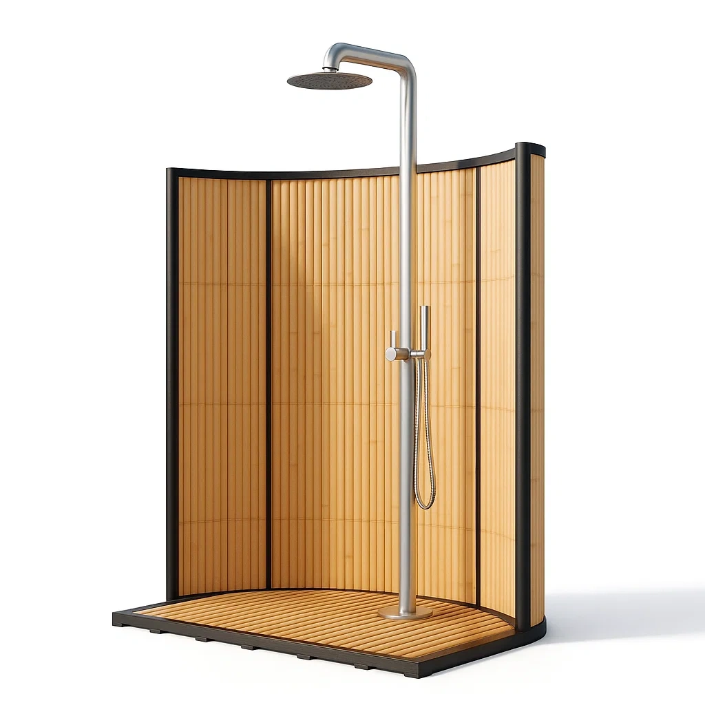 Edelstahl Dusche mit Bambus-Rückwand-Nestelaroa