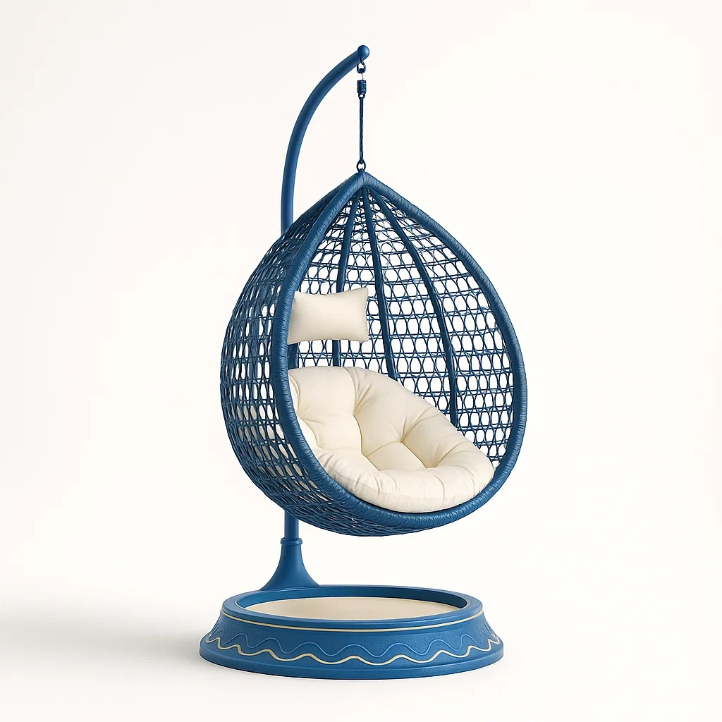 Hängesessel aus PE-Rattan mit Stahlgestell und Kissen Blau-Nestelaroa