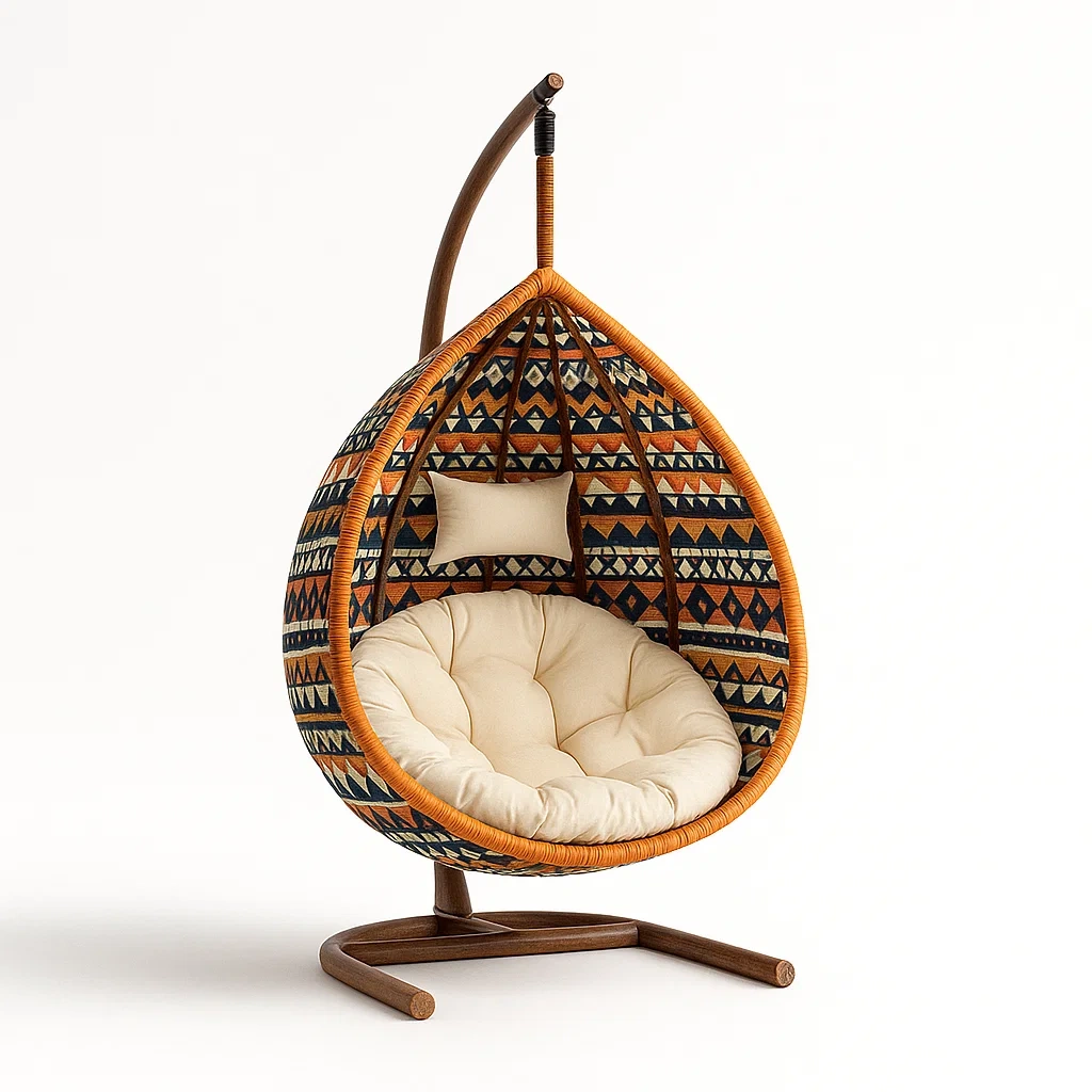 Rattan-Hängesessel mit Baumwollkissen, Gestell und Muster-Nestelaroa