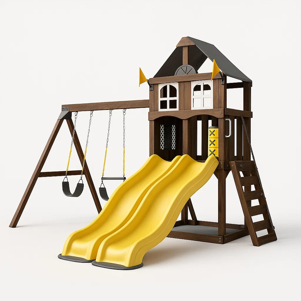 Holzspielplatz-Set mit Doppelschaukel und Gelber Wellenrutsche-Nestelaroa