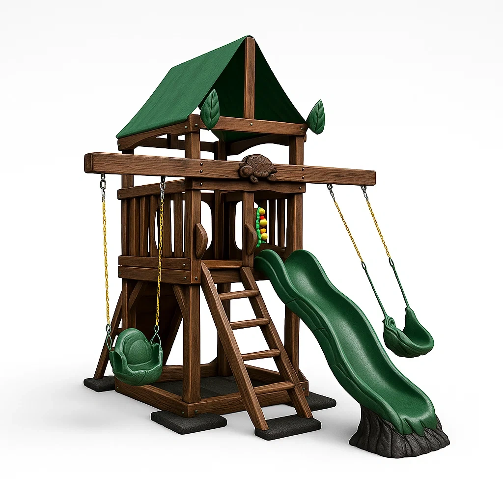 Holzspielplatz mit Rutsche und Schaukeln Grün-Nestelaroa