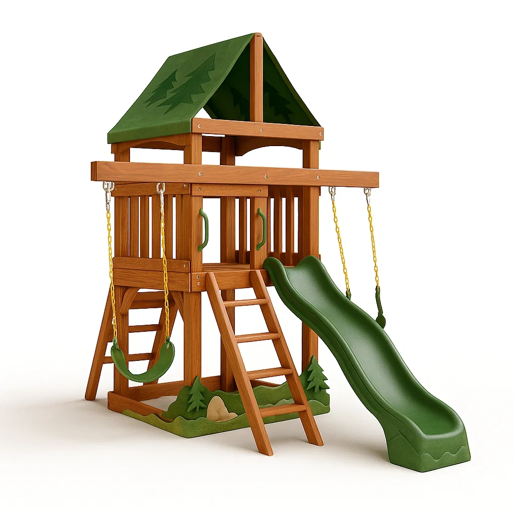 Kinderspielplatz mit Schaukel und Rutsche aus Holz und Kunststoff Grün-Nestelaroa