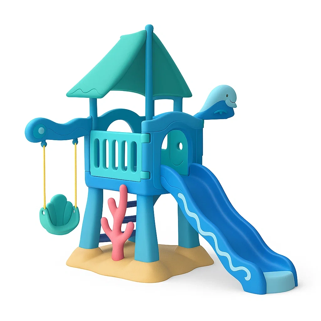 Kinderspielplatz mit Rutsche und Schaukel aus Kunststoff Blau/Grün-Nestelaroa