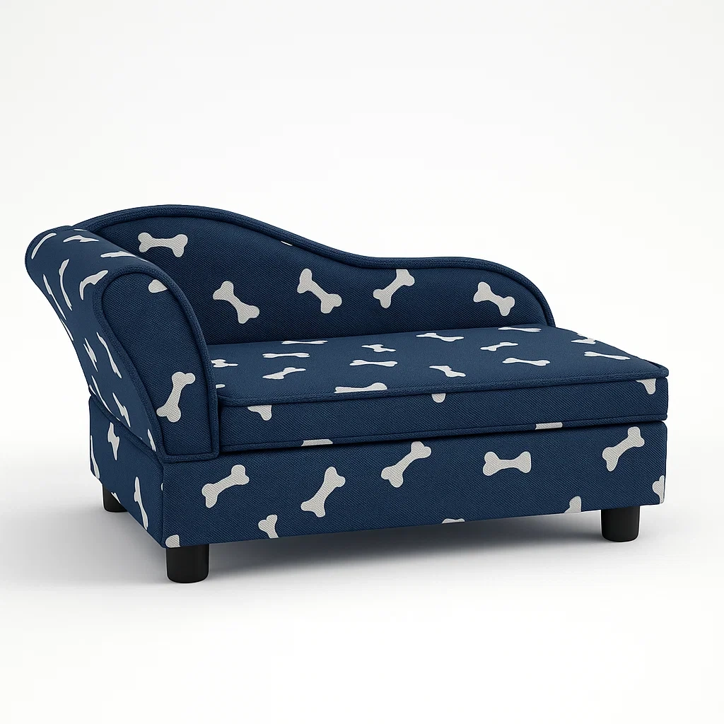 Hundesofa aus Holz mit Polyestergewebe, Blau mit Knochenmuster-Nestelaroa