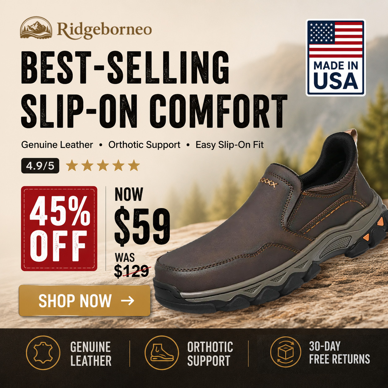 Men's Genuine Leather Slip-On Walking Shoes - Easy On, Comfortable All Day  ⏰Last Day!45% OFF 🔥
