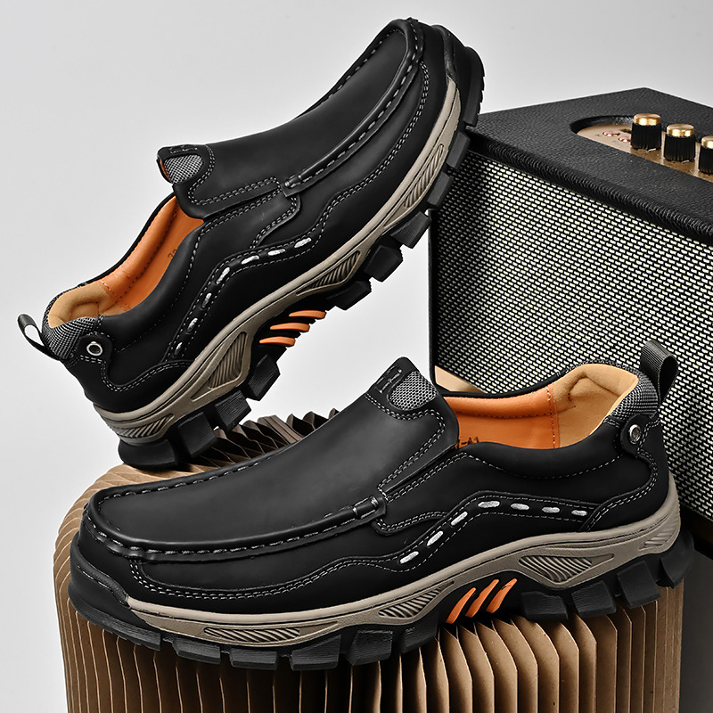 TRAILBORN®Men’s Thick-Sole Leather Shoes – Wear-Resistant Rubber Outsole, Outdoor Casual Slip-On Shoes