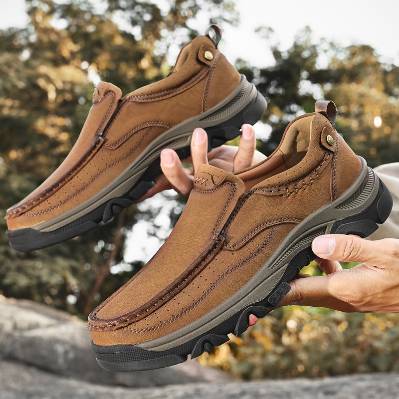 TRAILBORN®Men's Thick-Soled Durable Outdoor Hiking Loafers Slip-On Casual Leather Shoes
