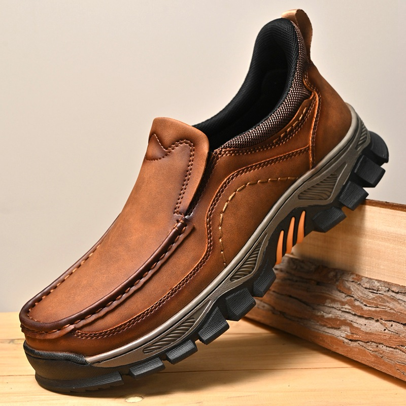 TRAILBORN®Men’s Slip-On Leather Shoes – Thick Sole, Wear-Resistant, Lightweight Loafers