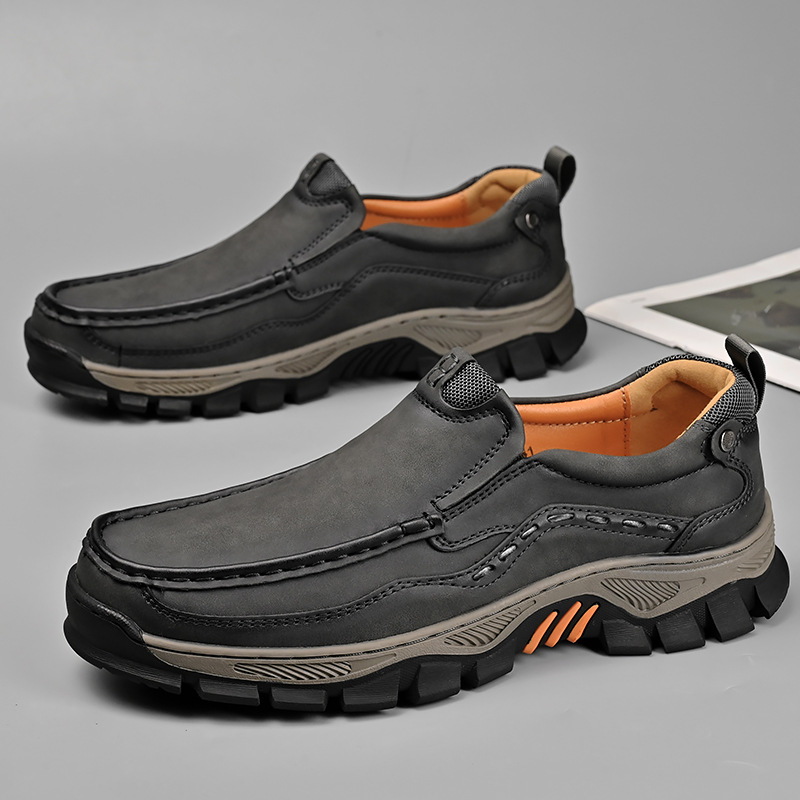 TRAILBORN®Men’s Thick-Sole Leather Shoes – Wear-Resistant Rubber Outsole, Outdoor Casual Slip-On Shoes