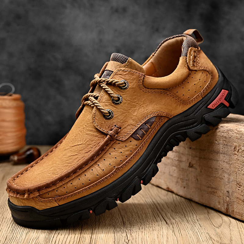 TRAILBORN®Men’s Genuine Top-Grain Leather Hiking Shoes – Thick Sole, Wear-Resistant, Outdoor Casual Shoes
