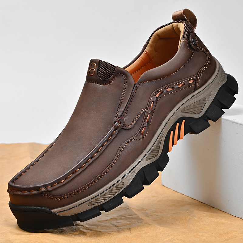 TRAILBORN®Men’s Thick-Sole Leather Shoes – Wear-Resistant Rubber Outsole, Outdoor Casual Slip-On Shoes