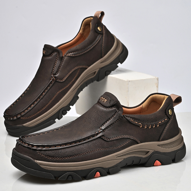 TRAILBORN®Men's Thick-Soled Durable Outdoor Hiking Loafers Slip-On Casual Leather Shoes