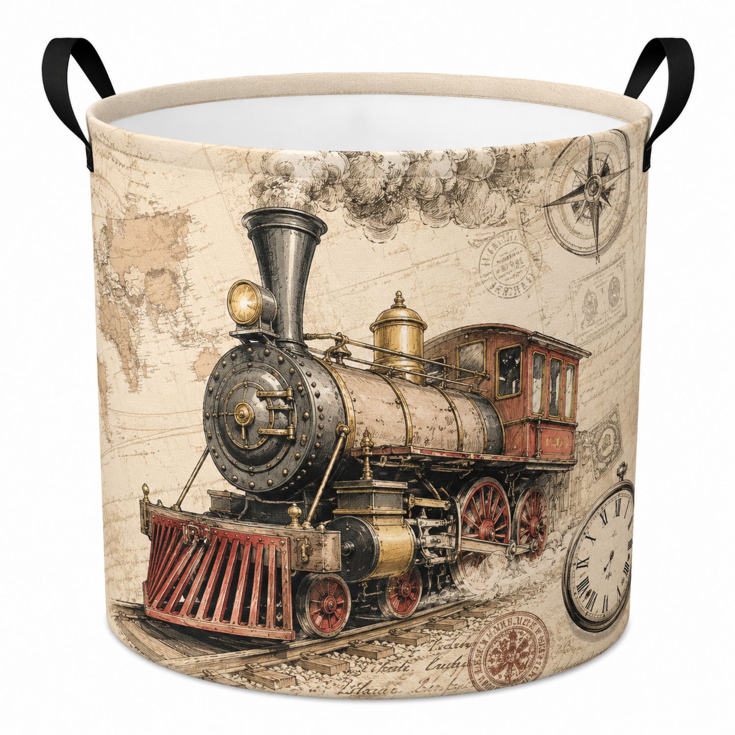 Cesta de Almacenamiento Redonda con Estampado de Tren Vintage 35x45 cm