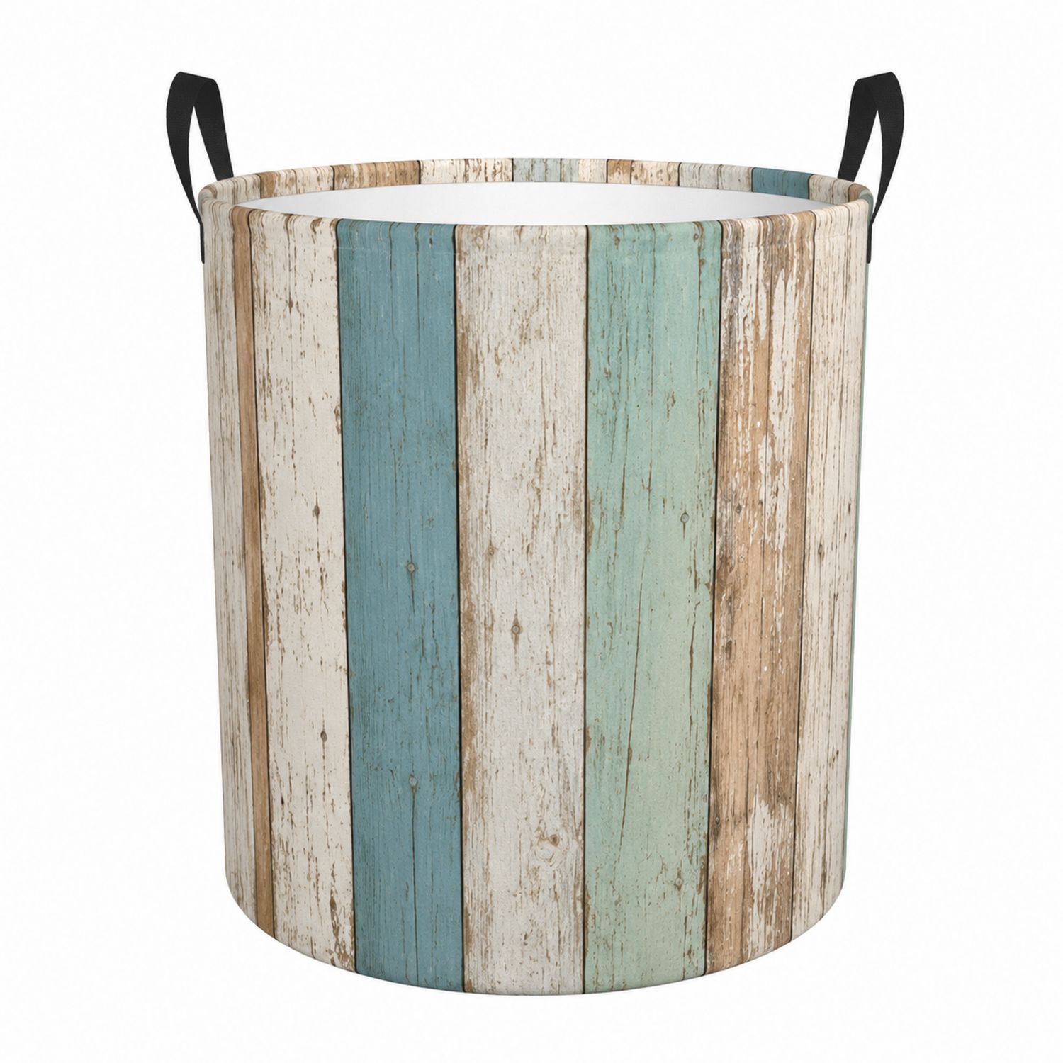 Cesta de Almacenamiento Cilíndrica de Tela con Diseño de Madera en Azul, Blanco y Marrón