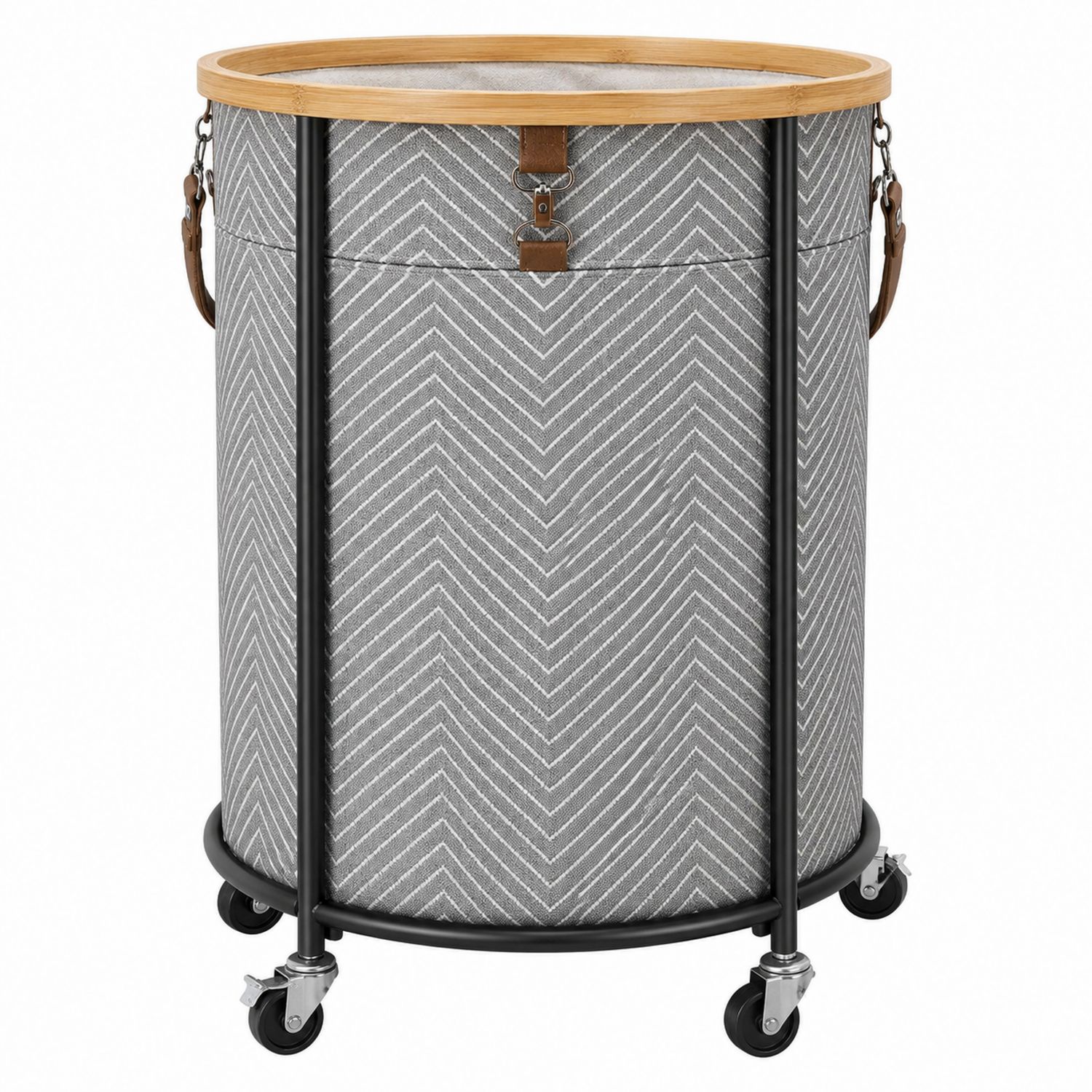 Cesta de Ropa Cilíndrica Gris con Ruedas y Tapa de Bambú, 65L