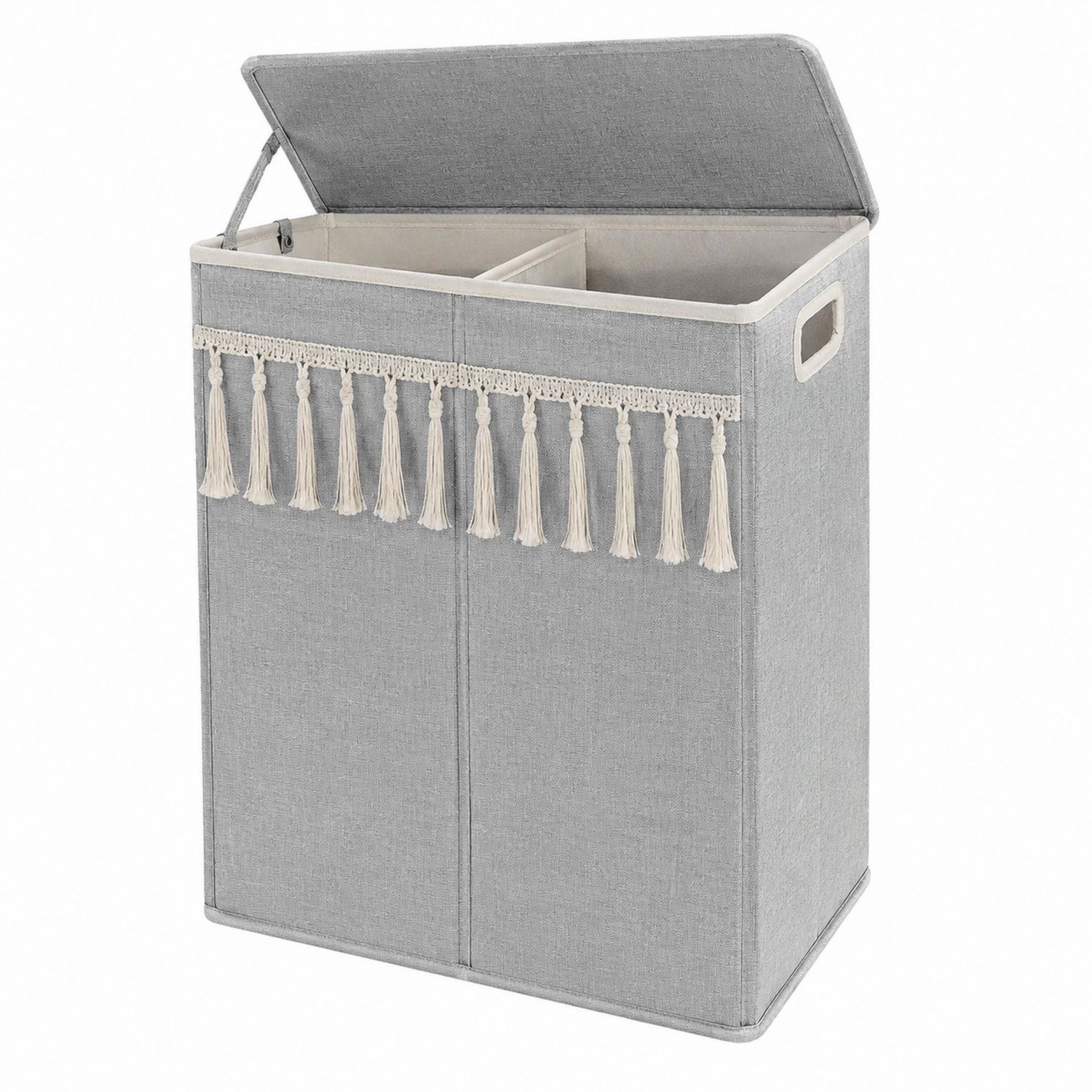 Cesta de Ropa Doble Gris con Tapa y Borlas Decorativas