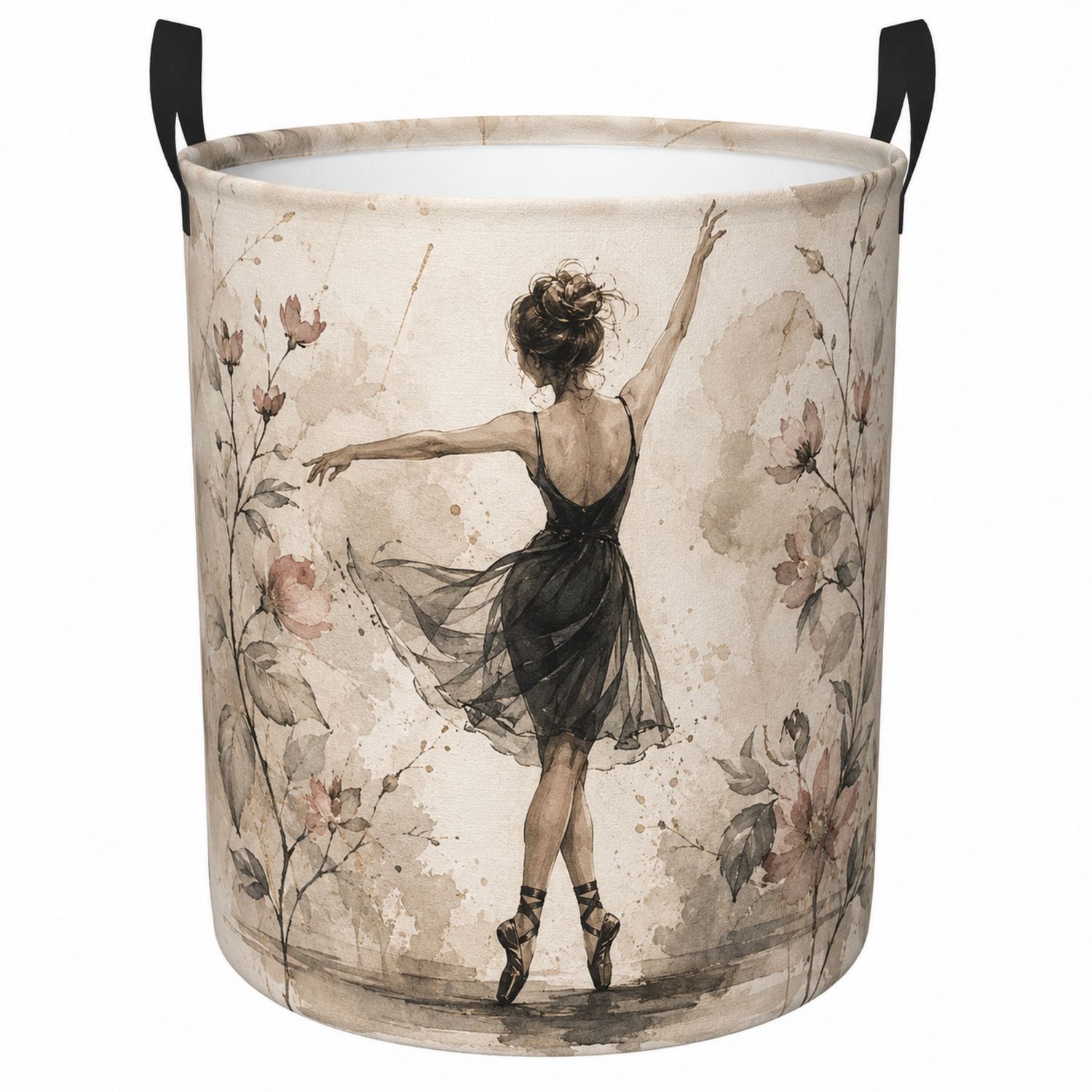 Cesto de Almacenamiento Redondo Bailarina con Flores Beige y Negro 35x45cm