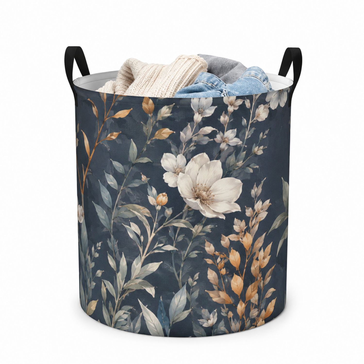 Cesto de Ropa Redondo Diseño Floral Azul Oscuro 50L