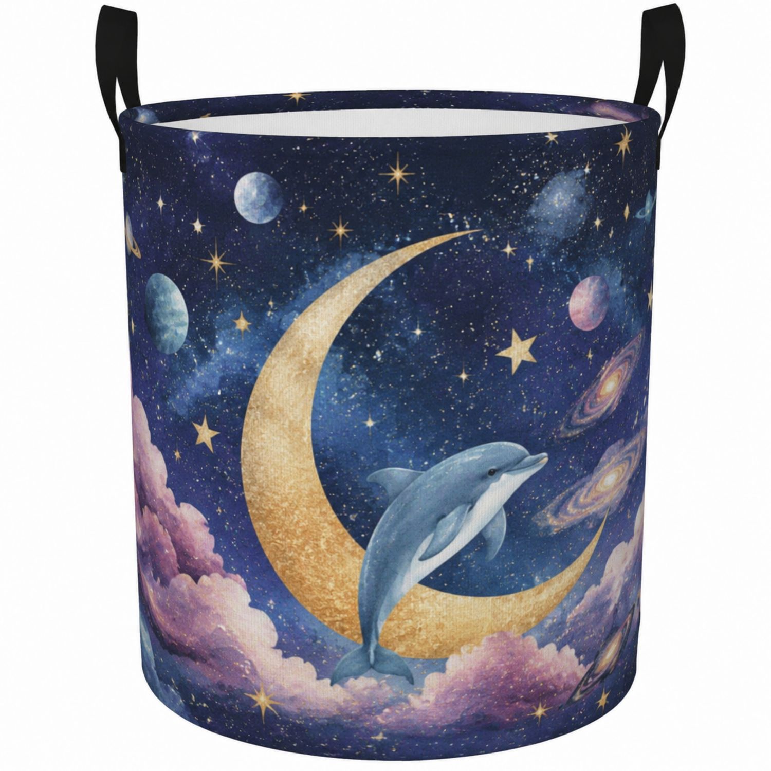 Cesta de almacenamiento redonda con estampado de delfín y luna multicolor