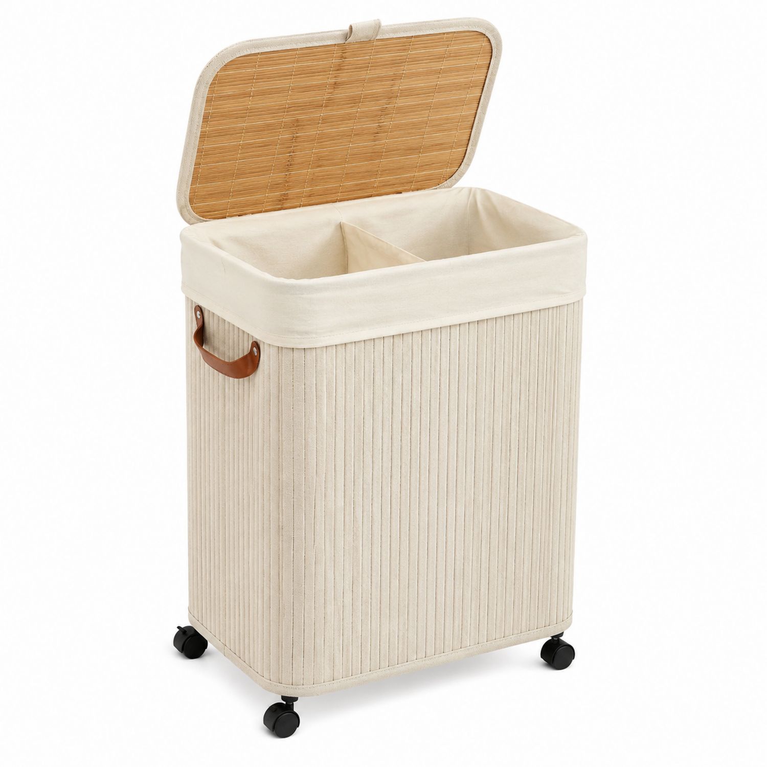 Cesto de Ropa Beige con Compartimentos y Tapa de Bambú