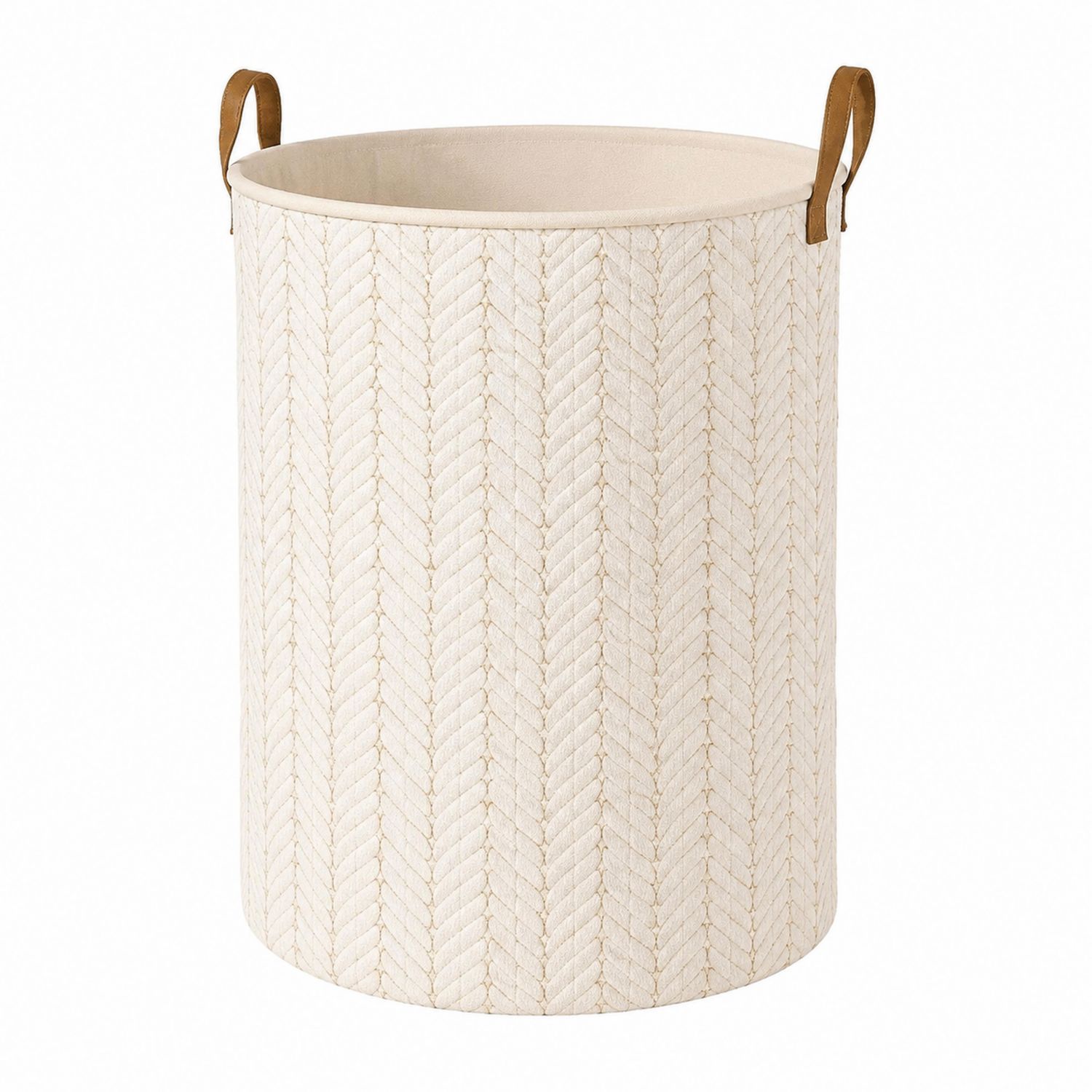 Cesto de Ropa Redondo Crema con Asas de Cuero 35L