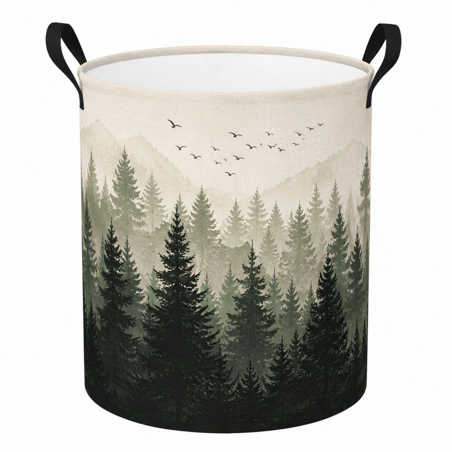 Cesta de Almacenamiento Cilíndrica con Diseño de Bosque en Verde y Beige